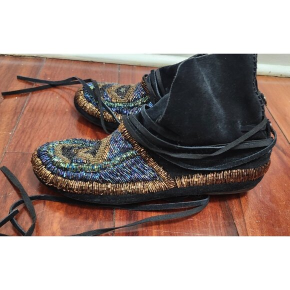 House of Harlow 1960 Beaded Suede Lace-Up Moccasin Boots Black Gold Boho Festiva - Picture 10 of 16